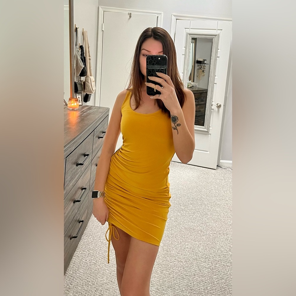 Express Yellow Ruched Tie Bodycon Dress - Picture 2 of 5